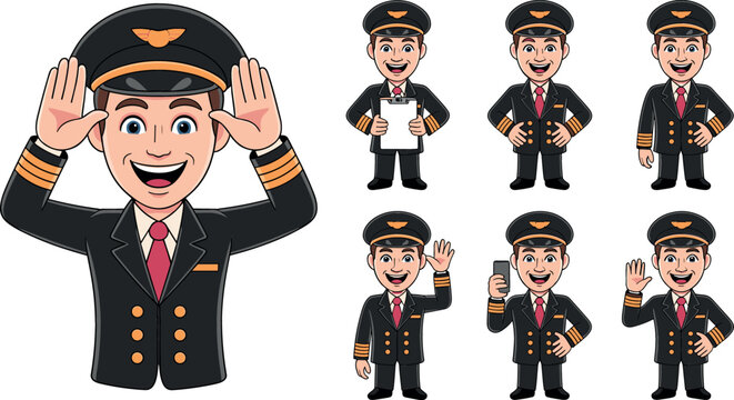 Cute Cartoon Airplane Pilot Character Pose Set with Friendly Aviator Captain Holding Clipboard Smartphone and Waving for Aviation Business Graphic Designs