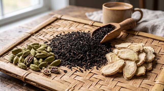 Ingredients for traditional Indian masala chai including black tea leaves, green cardamom pods, and dried ginger slices on a bamboo tray