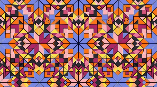 Colorful geometric stained glass style seamless vector pattern with intricate kaleidoscope mosaic design