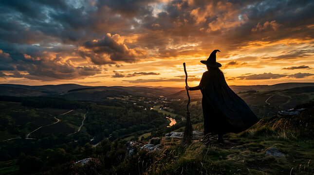 A mystical sorceress wearing a pointed hat and dark flowing cloak stands gracefully upon a high mountain cliff holding a wooden staff while gazing across a breathtaking dramatic sunset valley