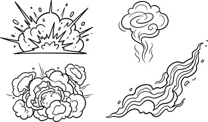 Comic explosion line icon set with bomb blast smoke cloud and dust vector illustration © Bahadur