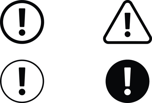 Exclamation mark warning and alert notification icon set for hazard attention error interface vector