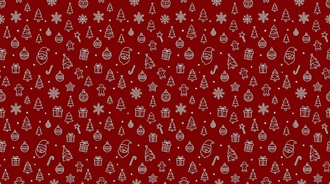 Seamless Christmas pattern with white festive lineart icons on red background