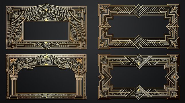 Opulent geometric borders and ornamental frames in metallic gold color over a dark backdrop. Classic early twentieth century design templates with linear arches and fine details ideal for high end