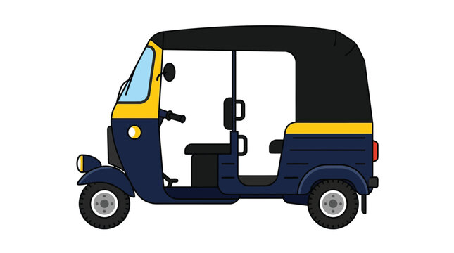 Yellow and blue auto rickshaw transport vehicle illustrated with flat graphic design and clean lines