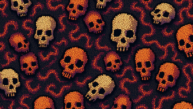 Pixel art skull pattern with creepy glowing fire and bone elements for a spooky Halloween background
