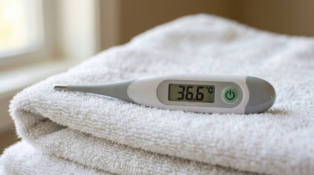 Digital thermometer displays body temperature on soft white towel for chronic disease management and health monitoring at home