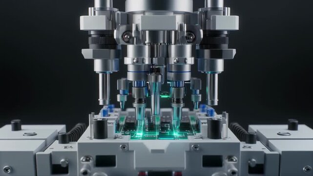 Automated robotic arm assembly line in high tech factory with precision machinery