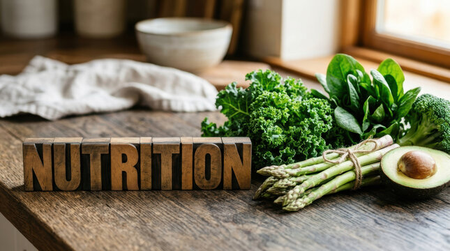 Nutrition vegetable still life for chronic disease management with kale asparagus spinach and avocado on rustic table