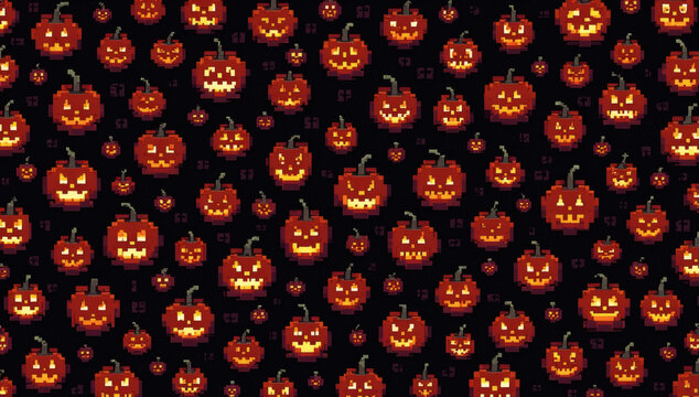 Pixel art Halloween seamless pattern background with glowing spooky jack o lantern pumpkins