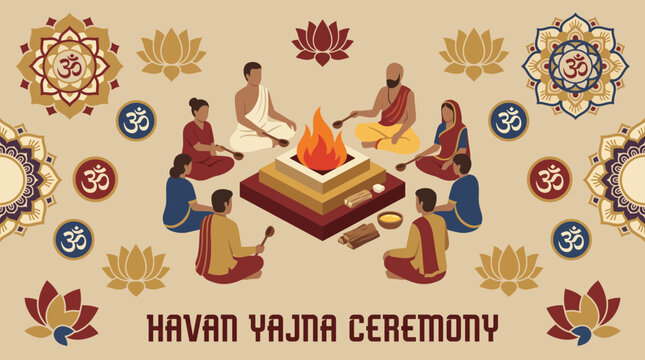 Hindu sacred fire havan setup presented as yajna ceremony ritual, cultural motif design