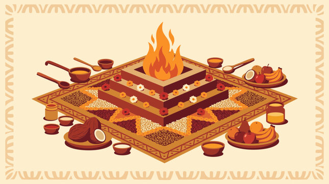 Hindu sacred fire havan setup arranged during yajna ceremony ritual, traditional pattern