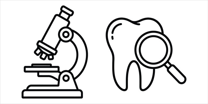 Scientific microscope and human tooth examined with a magnifying glass