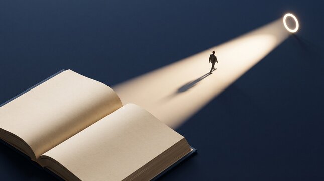 Miniature person walking on a glowing pathway of light emanating from an open book