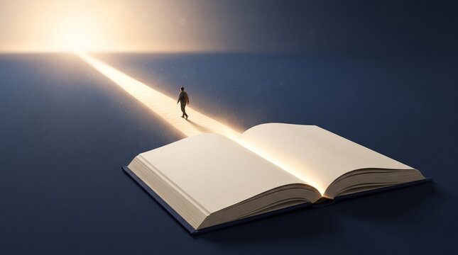 Conceptual illustration of a person walking on a bright light path emanating from an open book towards a glowing horizon