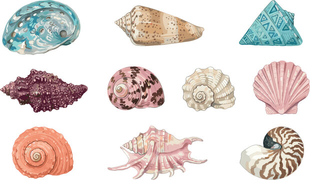 Colorful tropical seashells vector illustration set featuring abalone conch nautilus scallop and murex sea shells isolated on white background flat design