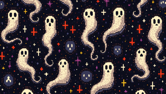 Seamless Pixel Art Ghost Pattern with Colorful Stars on Dark Background for Halloween and Gaming Themes