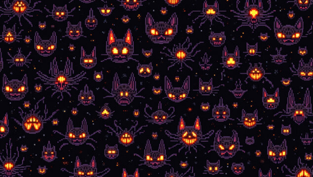 Seamless pixel art pattern featuring spooky glowing cat faces and demonic monsters for Halloween background