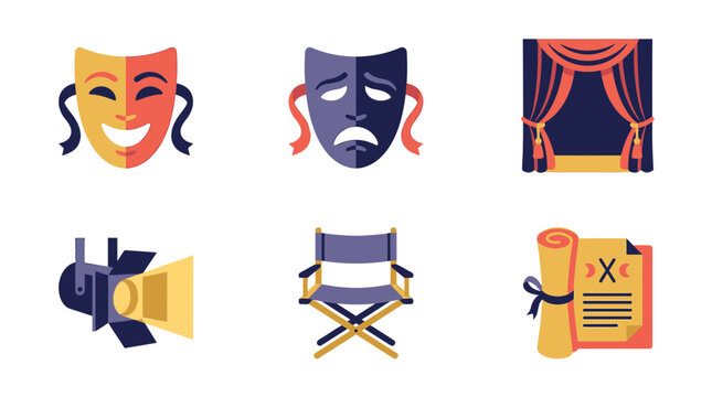 Flat vector icon set of theater elements including comedy and tragedy masks stage curtains spotlight director chair and script