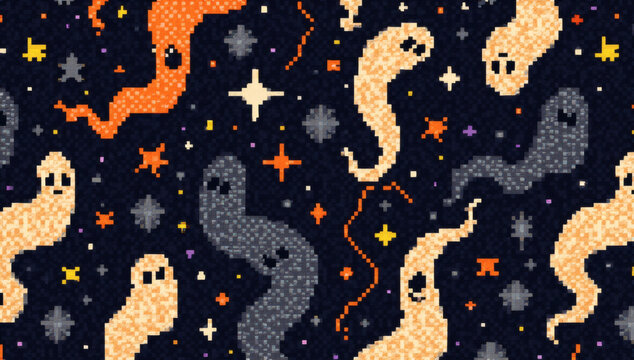 Pixel art Halloween seamless pattern with cute spooky ghosts and sparkling stars on dark background