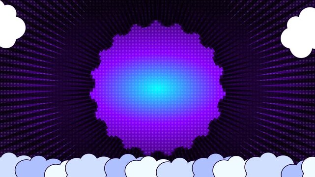 Abstract Comic Book Style Motion Background with Glowing Purple Halftone Sphere and Radial Lines