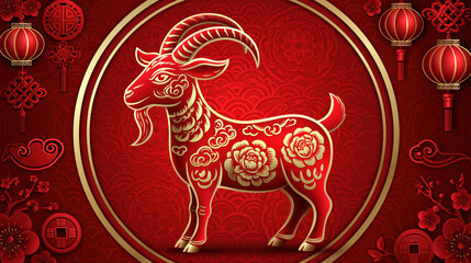 Fototapeta premium Chinese zodiac goat illustration on red background with lantern, floral pattern, and golden ring, festive Asian art for celebration and luck