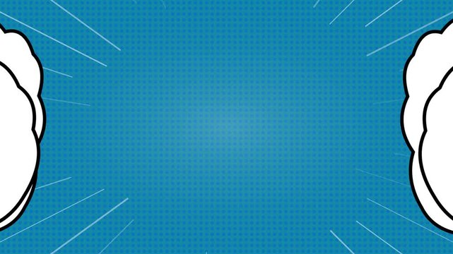 Dynamic Blue Comic Pop Art Background with Halftone Pattern Speed Lines and White Cloud Side Frames