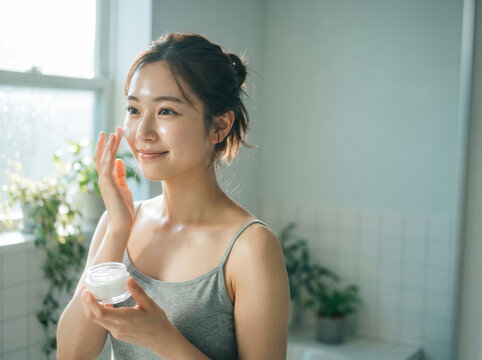 スキンケアクリームを顔に塗り丁寧にお手入れをする女性
