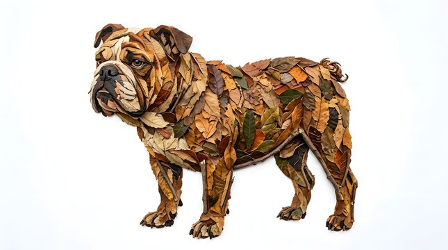 A creative bulldog sculpture made entirely from dried autumn leaves isolated on a white background.