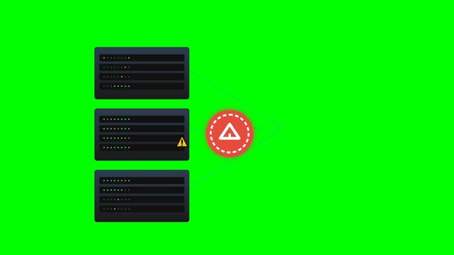 Server Rack System Failure with Red Alert Warning Icon Animation Isolated on Green Screen Background