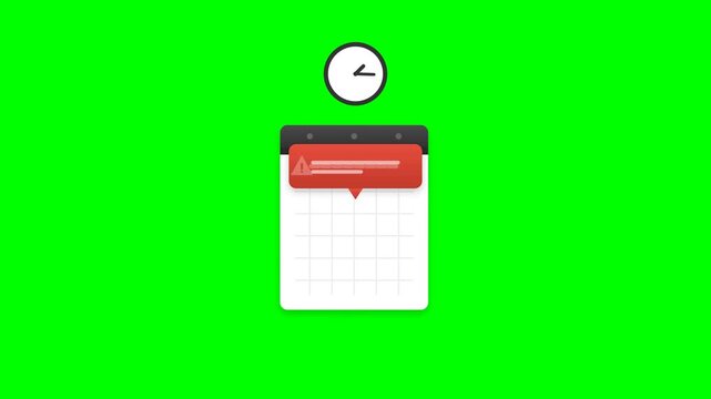 Animated Calendar and Clock with Notification and Error Warning Icons on Green Screen Background