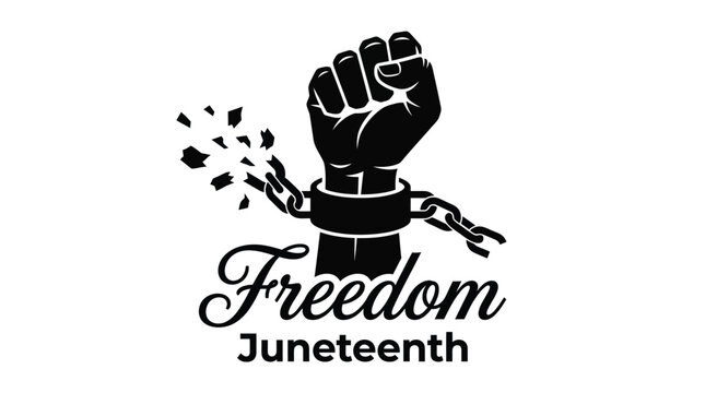 Raised fist breaking heavy metal chains symbolizing liberation and empowerment during a meaningful Juneteenth celebration event