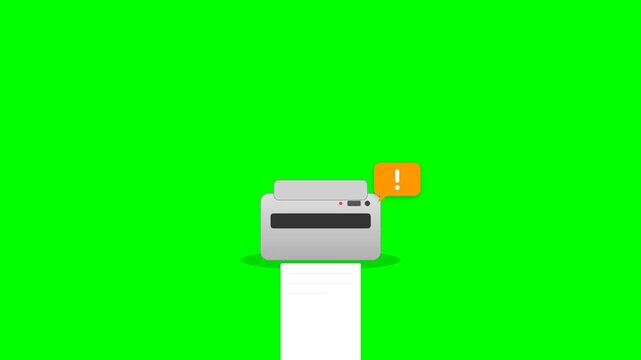 Animated Flat Design Office Printer with Paper Output and Warning Error Alert Icon on Green Screen