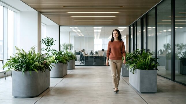 Professional Japanese businesswoman walking confidently through a modern green office corridor