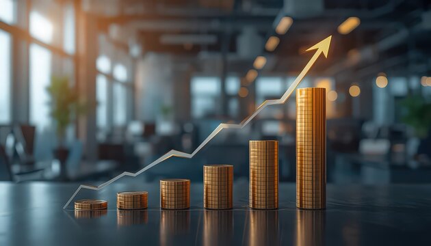 Gold coins stacked in increasing sizes represent a financial growth chart with an upward trending arrow in a blurred office environment.
