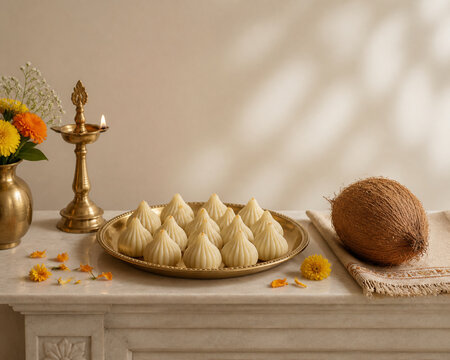Brass plate with modak, marigold petals, coconut, festive Indian sweets display