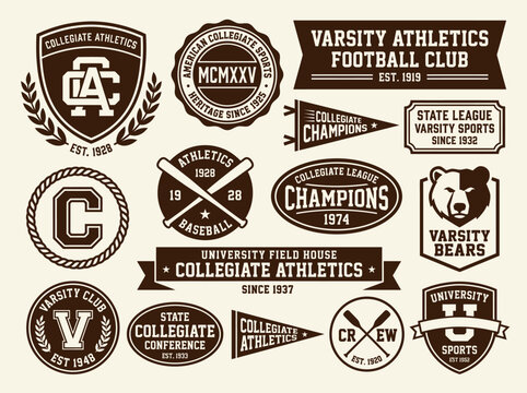 Collegiate Varsity Sports Badges Vector Collection &mdash; University Athletics Football Baseball Crew Bears Championship State League Varsity Club Apparel Graphic Design Set for Merch