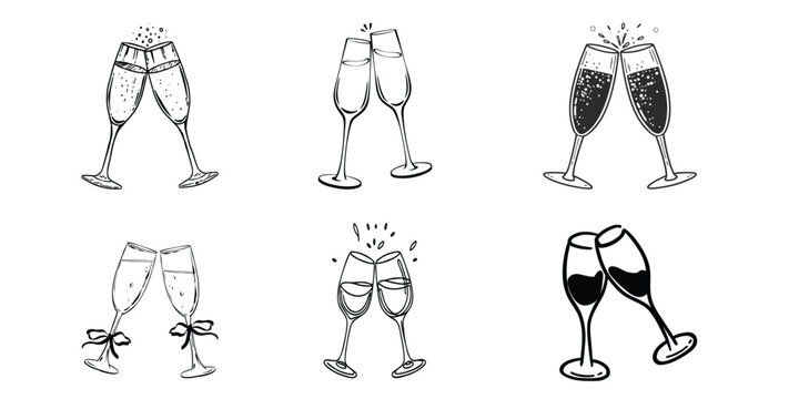 Vector illustration set of two champagne flutes clinking together for a celebratory toast isolated on a white background.