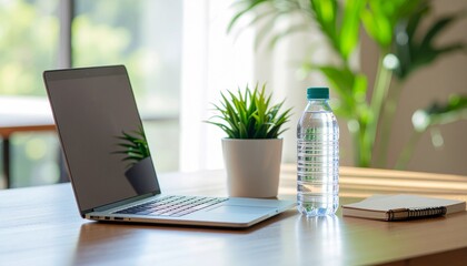 Fototapeta premium Laptop, Water Bottle and Notebook on Wooden Desk with Green Plants in Bright Natural Light, Healthy Remote Work Home Office and Sustainable Lifestyle Concept
