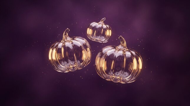 Three decorative glass pumpkins glowing with warm internal lights arranged on a dark purple background for a festive halloween seasonal holiday celebration display