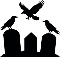 Fototapeta premium Crow And Gravestone Silhouette Scene For Halloween And Gothic Designs