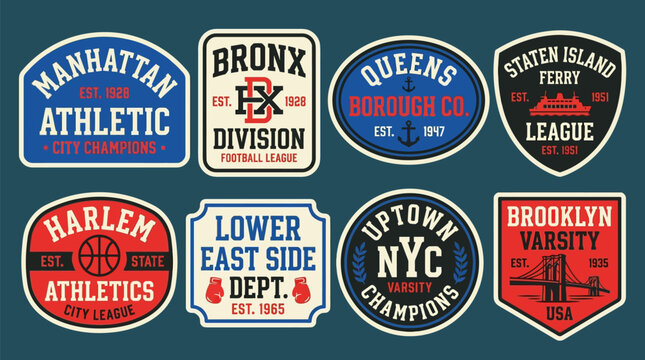 New York City Athletic Badge Collection &mdash; Manhattan Bronx Queens Staten Island Harlem Lower East Side Uptown Brooklyn Varsity Borough Sports Apparel Graphic T-Shirt Merch Design Set