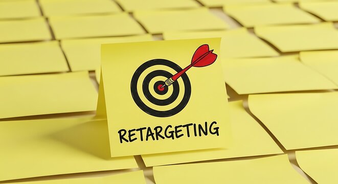 Retargeting marketing strategy written on a yellow sticky note with target