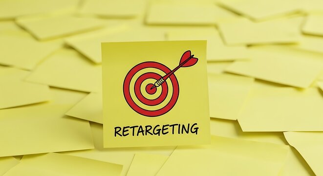 Retargeting advertising goal depicted on a yellow sticky note with a dart