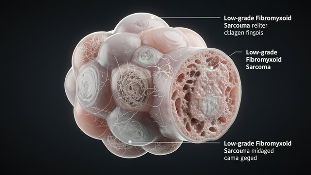3D medical illustration of low‑grade fibromyxoid sarcoma tumor cross‑section, collagen and fibrous tissue structure