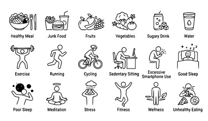 Fototapeta premium Healthy Lifestyle Thin Line Icons Nutrition Exercise Sleep Fitness and Unhealthy Habits Vector Set