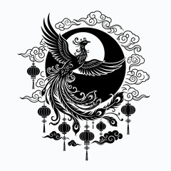 Fototapeta premium Asiatic phoenix vector illustration on yin yang symbol. Oriental mythical bird eagle design with clouds and lanterns. Traditional spiritual identity logo graphic for tattoo or stamp isolated on