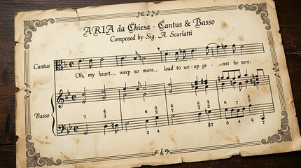 Fototapeta premium Classic musical score document showcasing old notation for vocal performance and keyboard accompaniment from a bygone era music sheet score vintage notes classic classical song piano voice notation