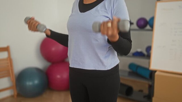 Young woman performs alternating bicep curls with grey dumbbells in a fitness studio near exercise balls and a whiteboard; strength determination.