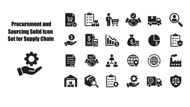 Procurement and Sourcing Solid Icon Set for Supply Chain